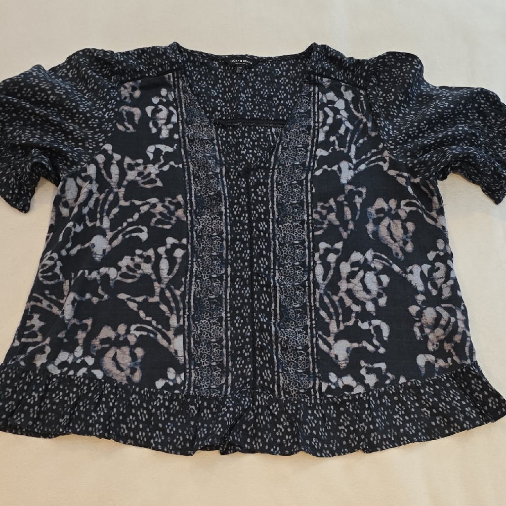Lucky Brand Navy white Floral Peasant Blouse gauze lightweight ruffle hem